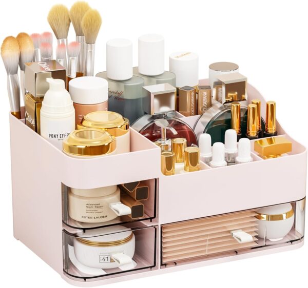 SuoXing Makeup Organizer – 3-Drawer Skincare Storage (Pink)